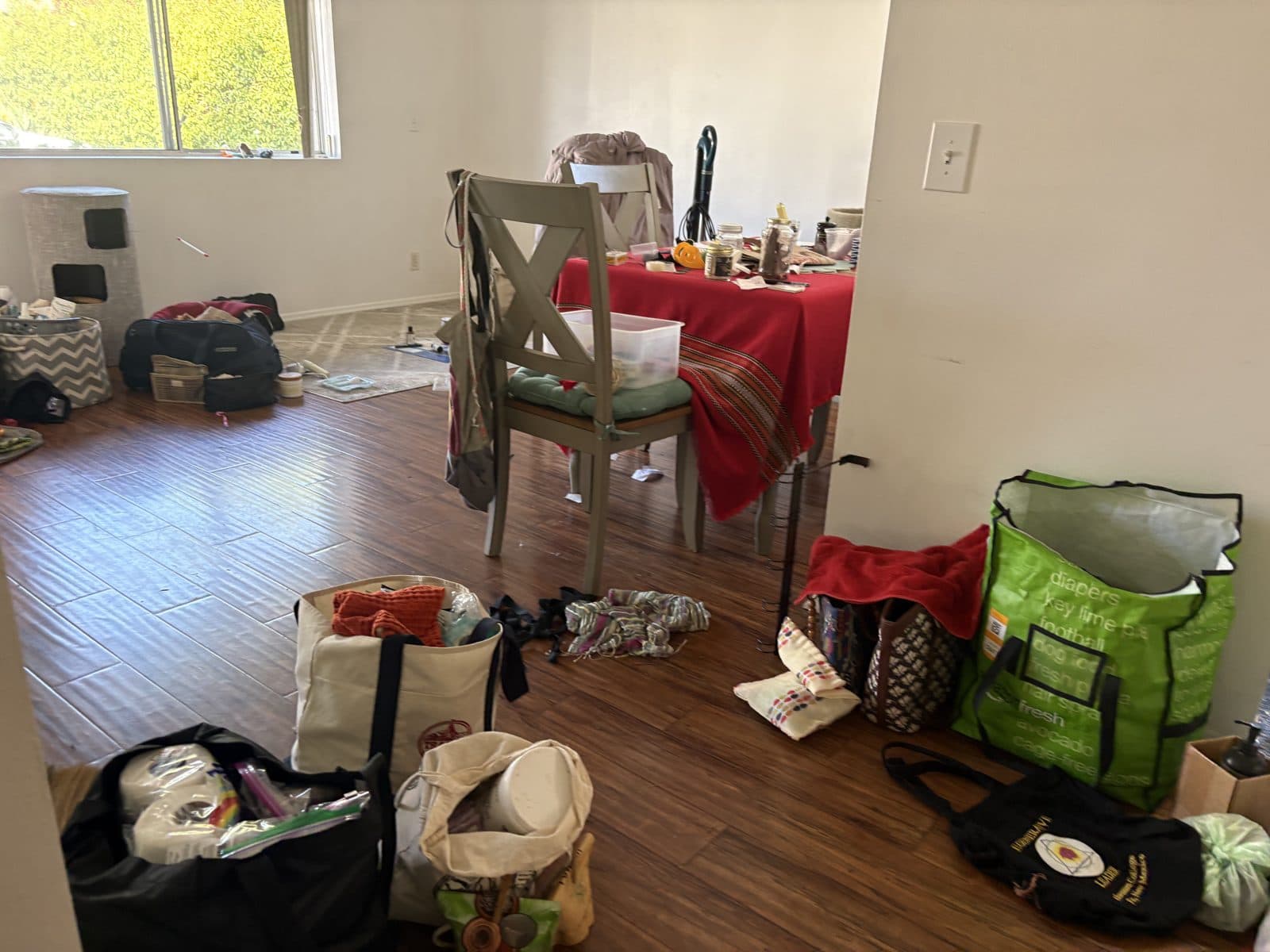 Living room covered in bags and belongings before a move